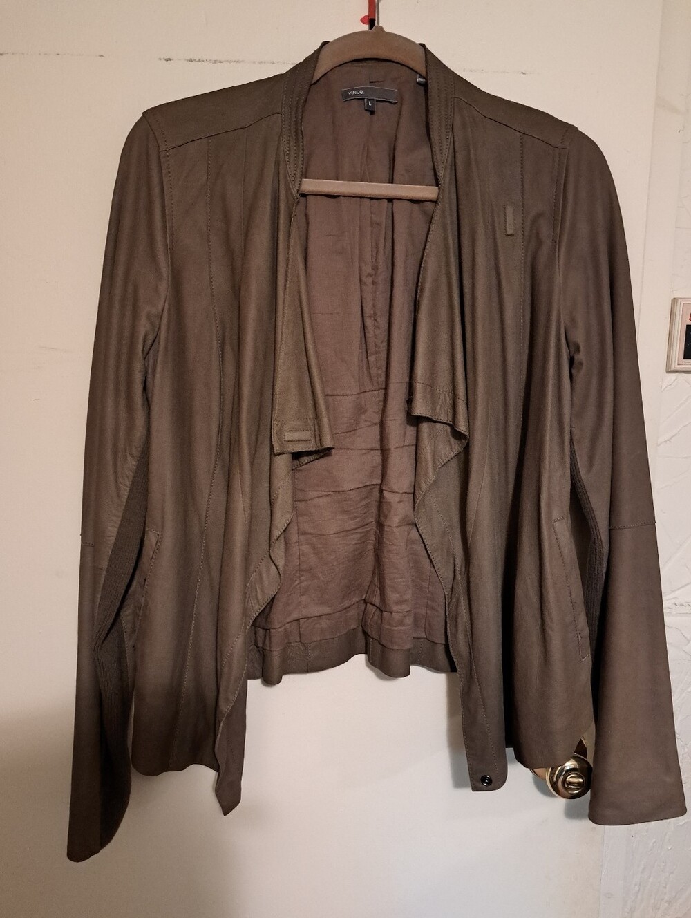 Vince Brown Leather Draped Open Front Jacket